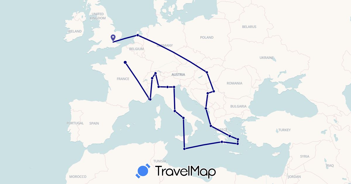 TravelMap itinerary: driving in Switzerland, France, United Kingdom, Greece, Hungary, Italy, Monaco, Montenegro, Malta, Netherlands, Serbia (Europe)